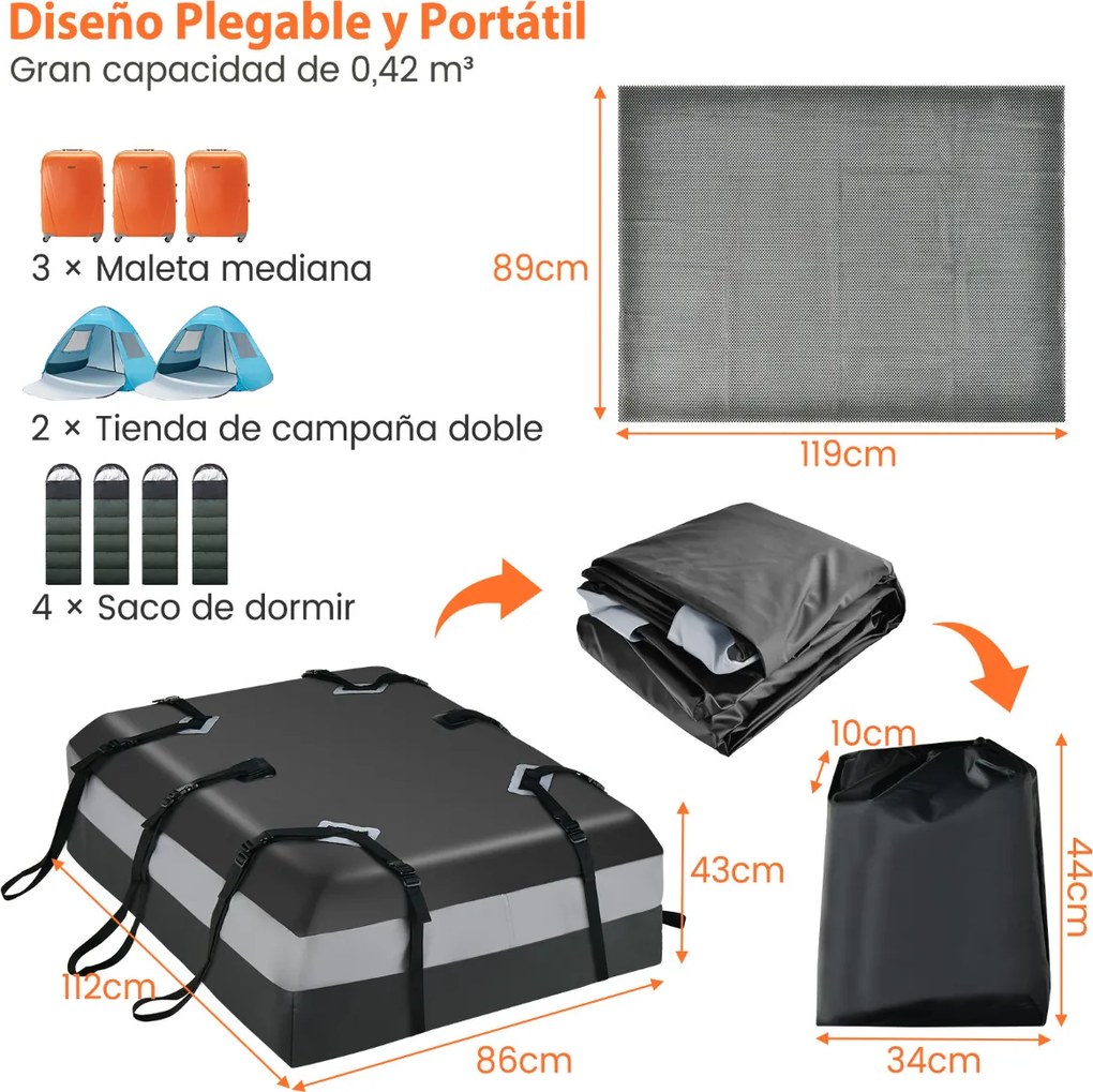 Mala de tejadilho para carro 424L à prova de água com fecho e tapete antiderrapante 112 x 86 x 43 cm Cinzento