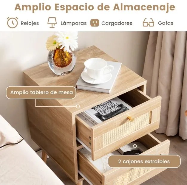 Mesa de cabeceira em rattan com toque boémio e 2 gavetas Mesa de apoio moderna 40 x 40 x 59 cm Natural