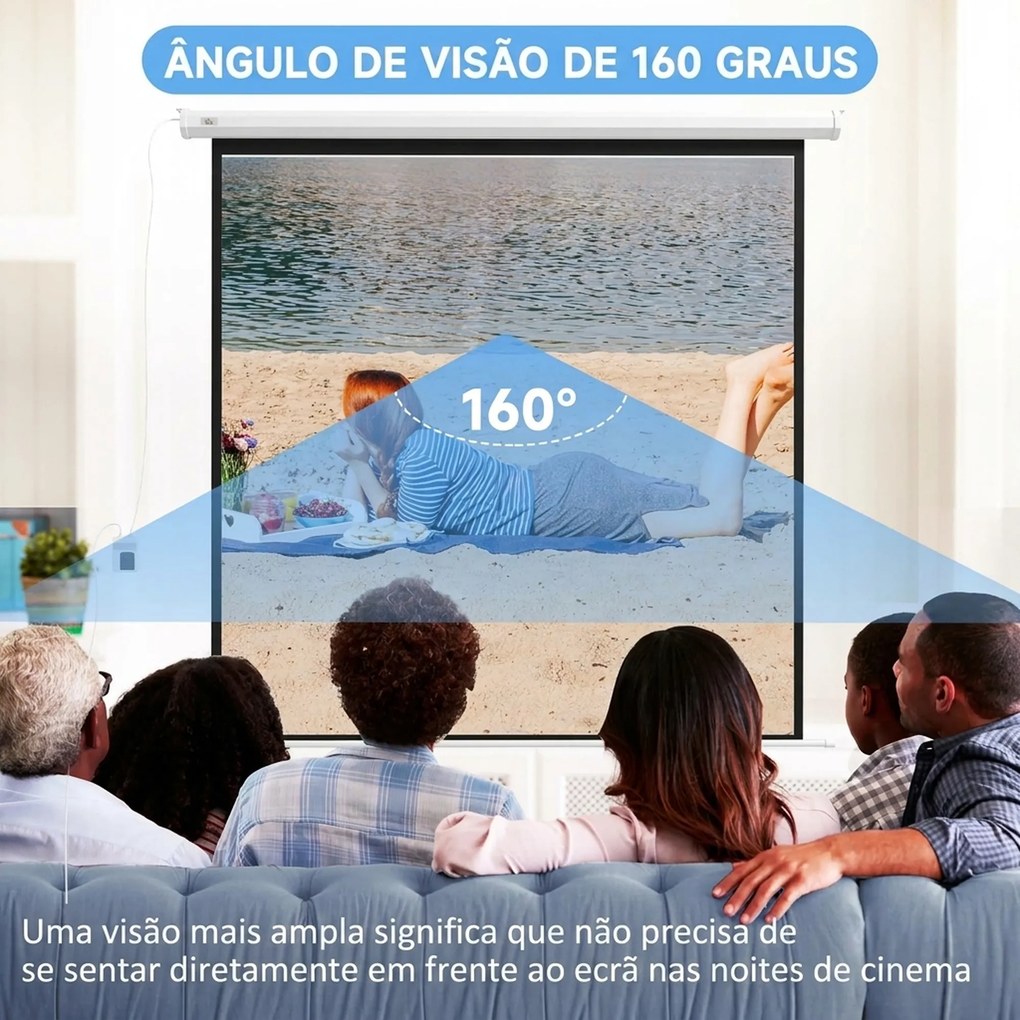 Ecrã de Projeção Elétrico 96 Polegadas com Comando à Distância Formato 1:1 para Interior e Exterior Branco