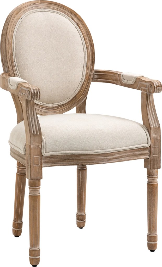 HOMCOM Cadeira de Sala de Jantar Cadeira de Sala Medalhão Estilo Luís xvi Madeira Maciça Patinada e Esculpida Tecido Linho Creme | Aosom Portugal