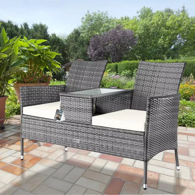 Banco de jardim Polyrattan 2 lugares 143x55x88cm cinzento/bege