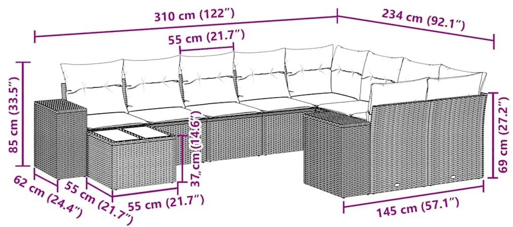 10 pcs conjunto sofás de jardim c/ almofadões vime PE preto