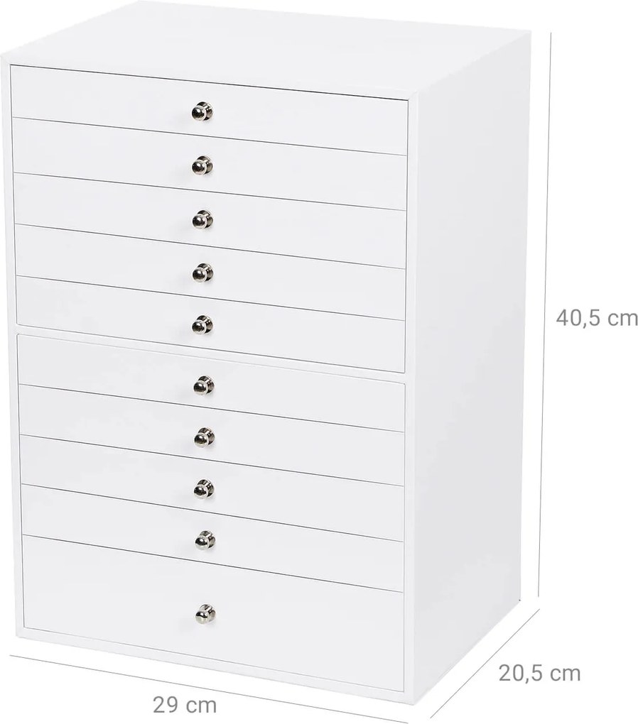 Caixa para joias com 10 gavetas, 40,5 x 29 x 20,5 cm branca
