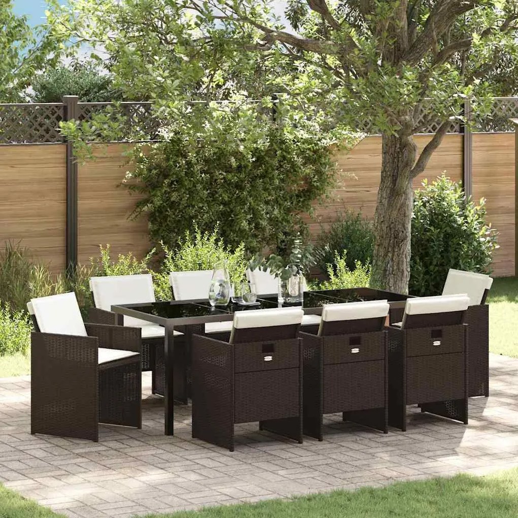 vidaXL Conjunto de Jantar de Jardim - 9 Peças com Almofadas de Rattan Castanho.