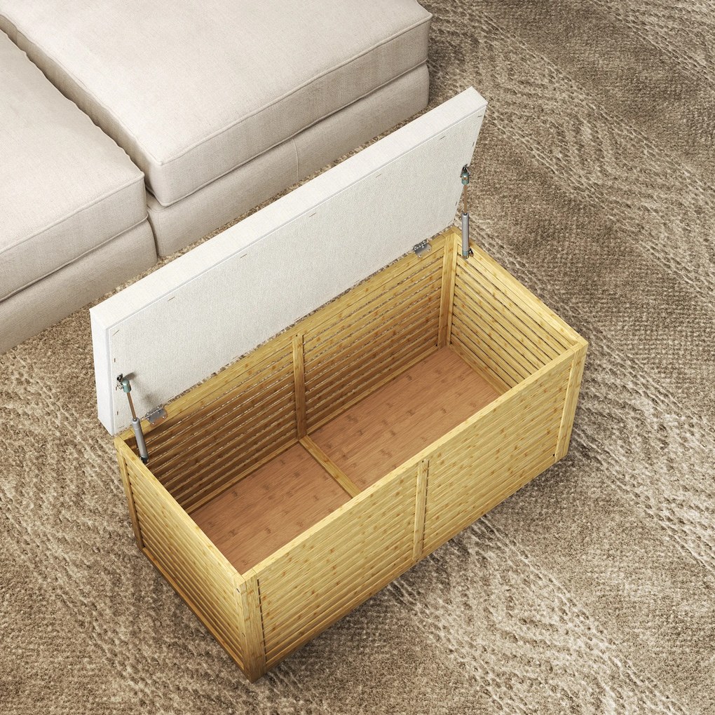Baú de Arrumação para Dormitório 122L Estofado em Linho Sintético com Almofada Estrutura de Bambu 90x42x43 cm Cinza e Madeira