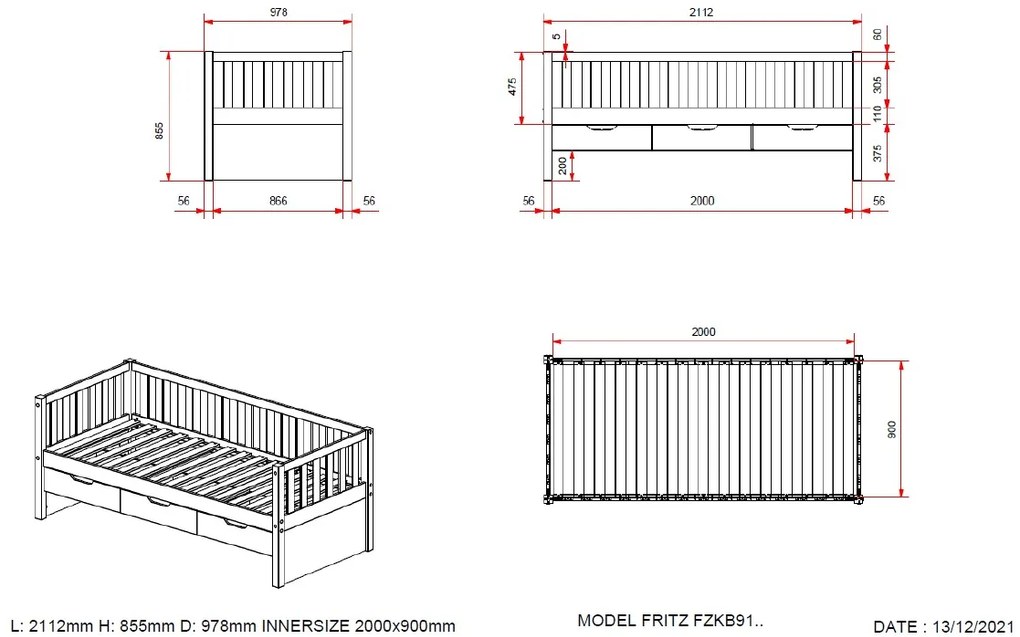 Cama infantil FRITZ (90x200) com 3 gavetas + Estrado NATURAL