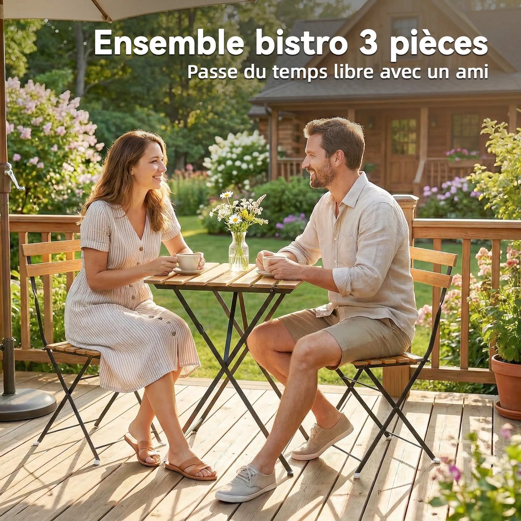 Conjunto de jardim estilo bistrô de 3 peças, 2 cadeiras dobráveis, mesa quadrada em madeira de acácia, 55 x 55 x 71 cm, natural
