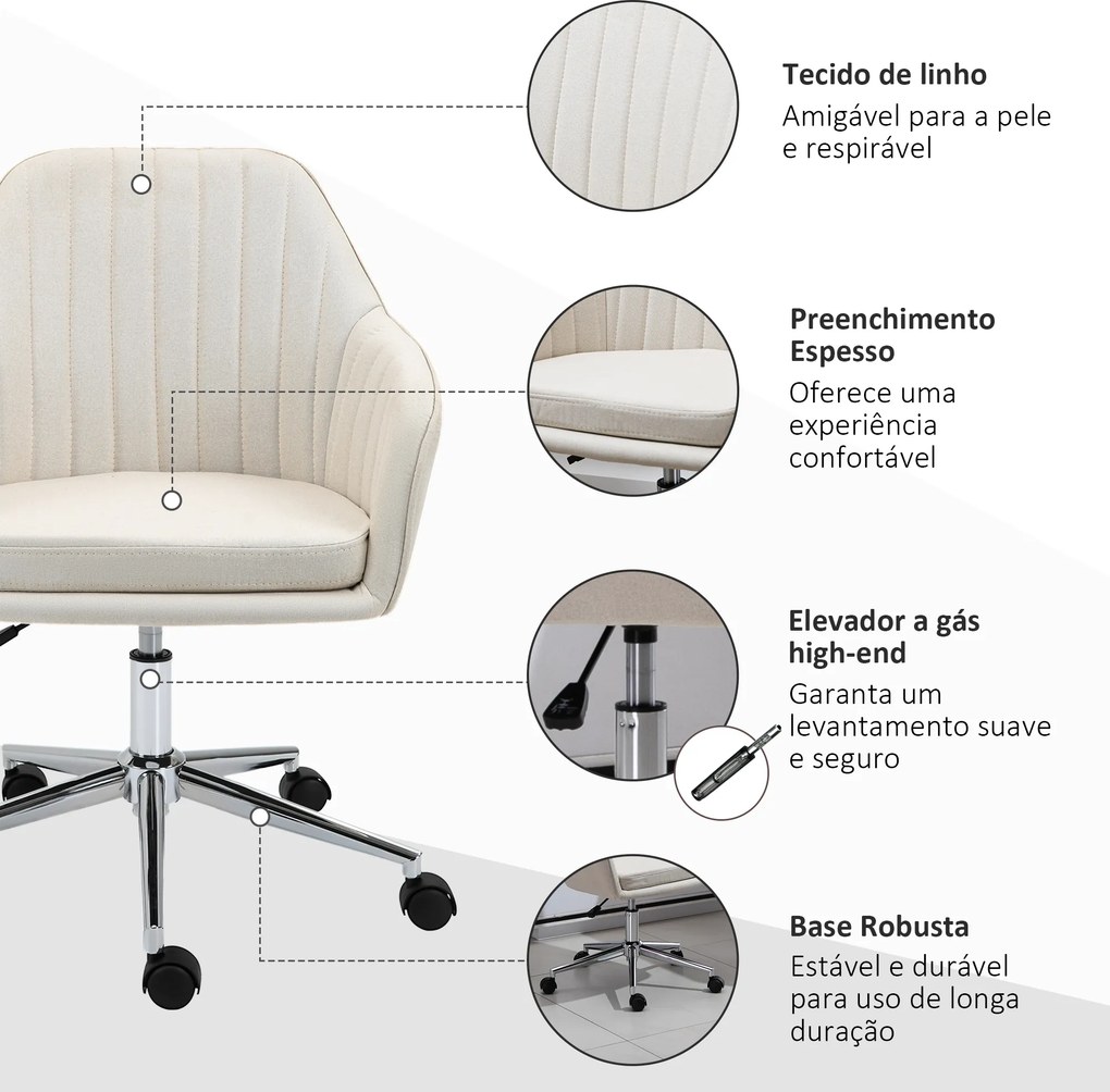 Cadeira de Escritório Cadeira de Secretária com Altura Regulável e Base Giratória para Escritório 61x59x86-96 cm Bege