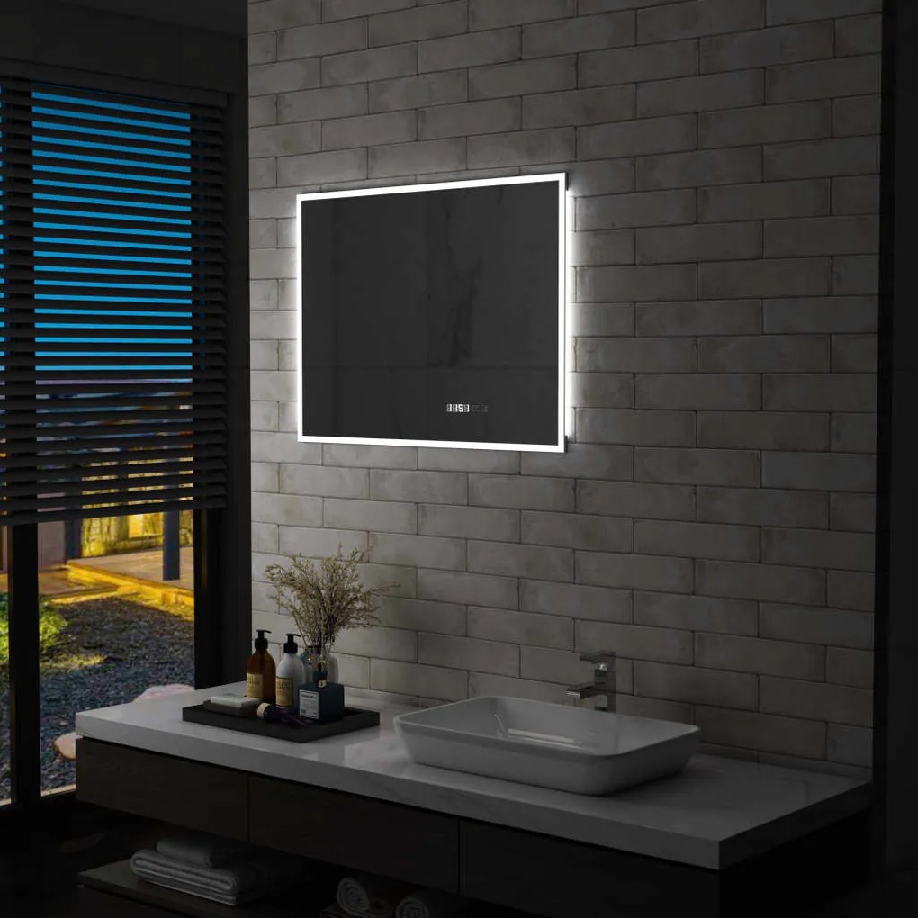 144738 vidaXL Espelho de parede LED c/ sensor tátil e relógio p/ WC 80x60 cm