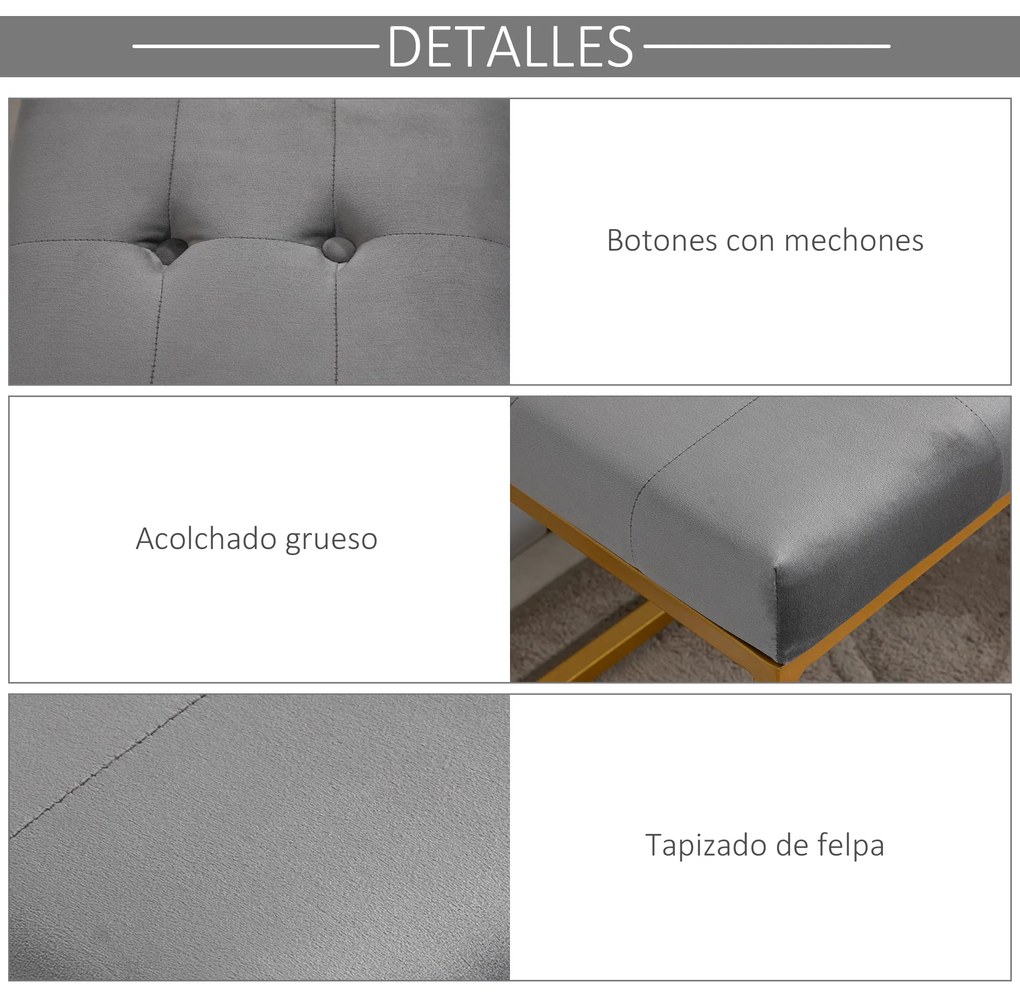 HOMCOM Banco multifuncional Banco de pés com assento acolchoado e pernas metálicas 120x35x42 cm cinza e dourado