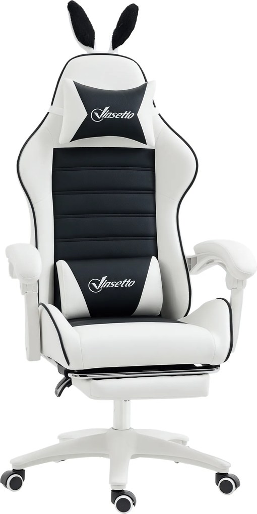 Vinsetto Cadeira Gaming Giratória de Couro PU com Altura Ajustável Inclinável 135° Apoio para a Cabeça 65x63x136-142cm Branco e Preto | Aosom Portugal