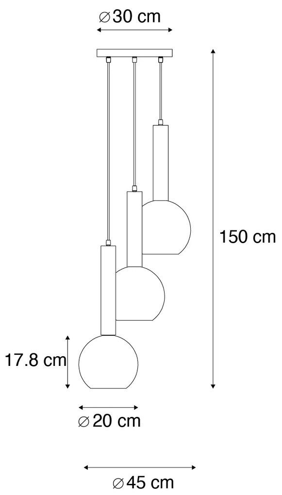 Candeeiro suspenso moderno preto com vidro fumado 3 luzes - Clayton