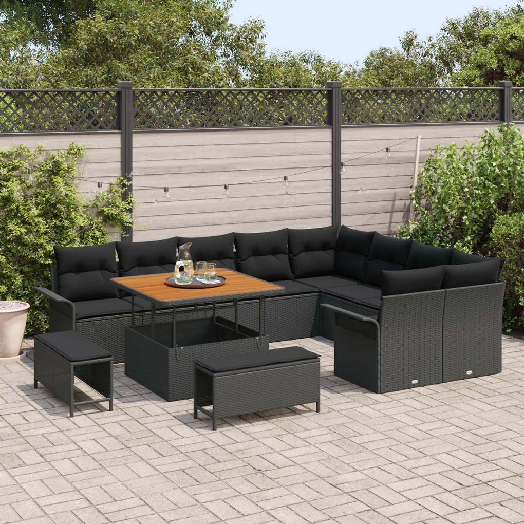 Conjunto de Sofá de Jardim de 12 Peças com Almofadas Preto Vime Sintét