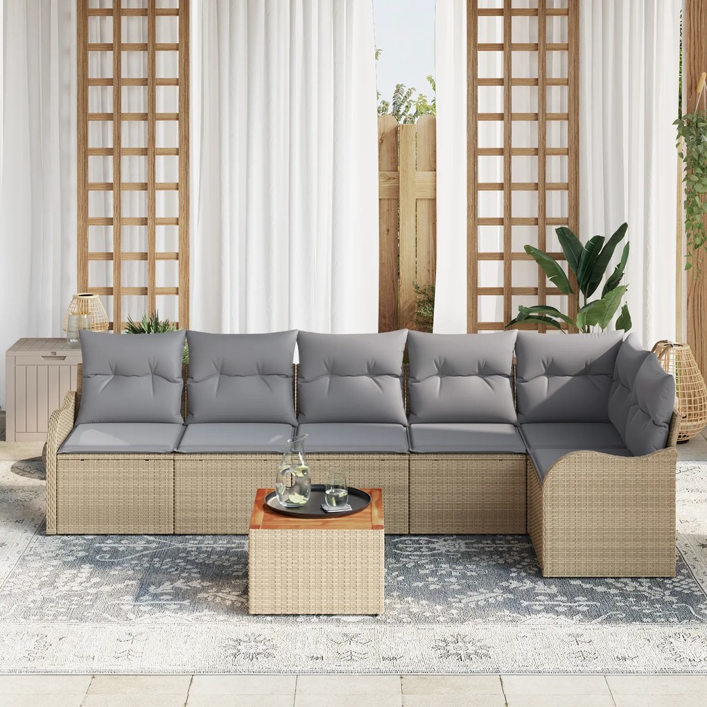 Conjunto de Sofá de Jardim vidaXL de 7 Peças com Almofadas Bege Polira