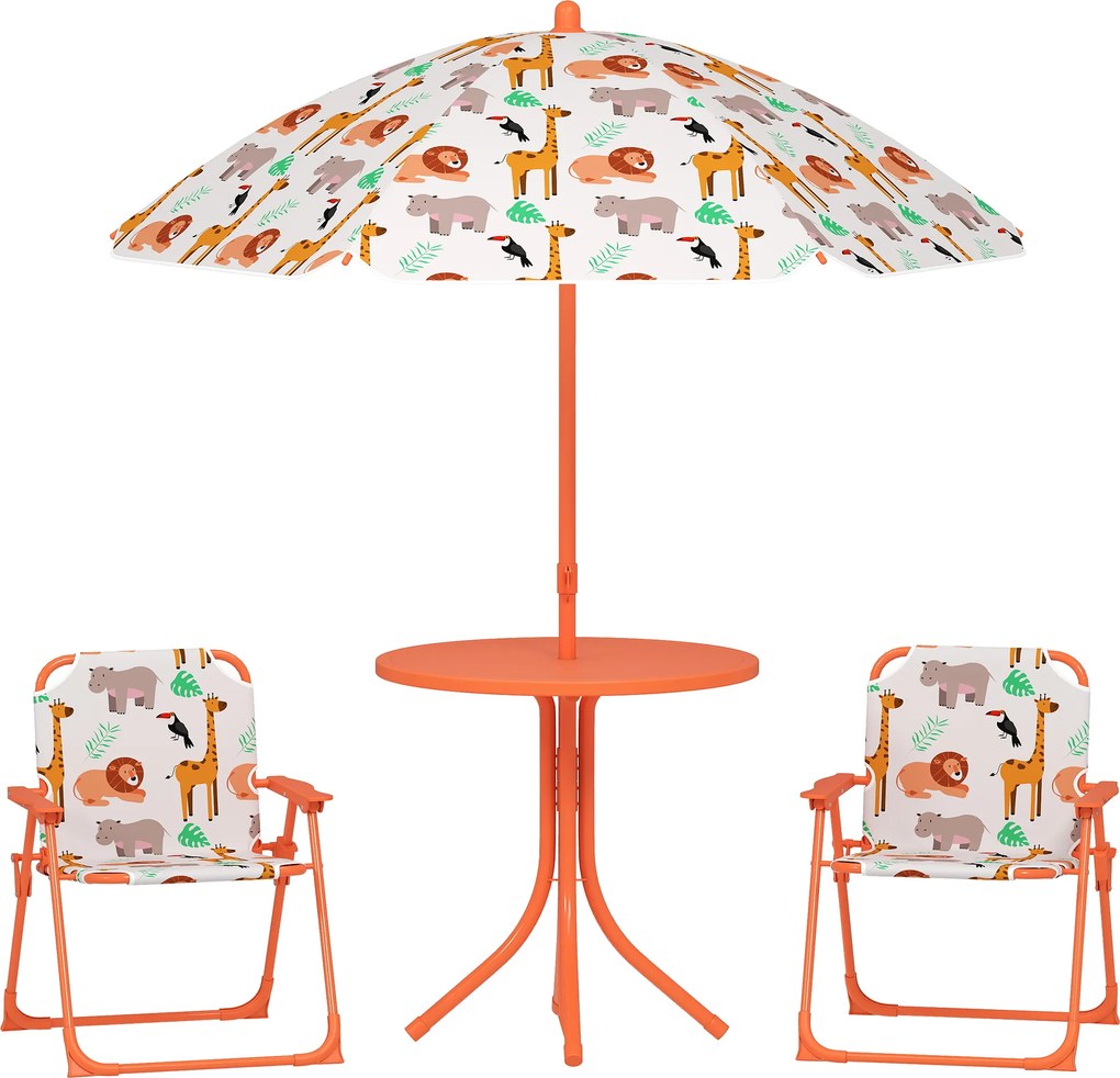 AIYAPLAY Conjunto de Jardim Infantil com Tema da Selva com 2 Cadeiras Dobráveis, Guarda-sol e Mesinha Redonda, Laranja | Aosom Portugal