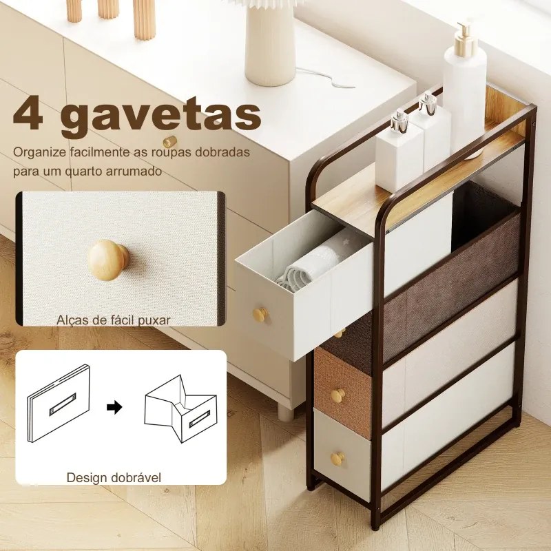 Móvel Auxiliar com 4 Gavetas de Tecido 20x47x84,5 cm com Estrutura de Aço Móvel de Arrumação para Espaços Pequenos Multicolor
