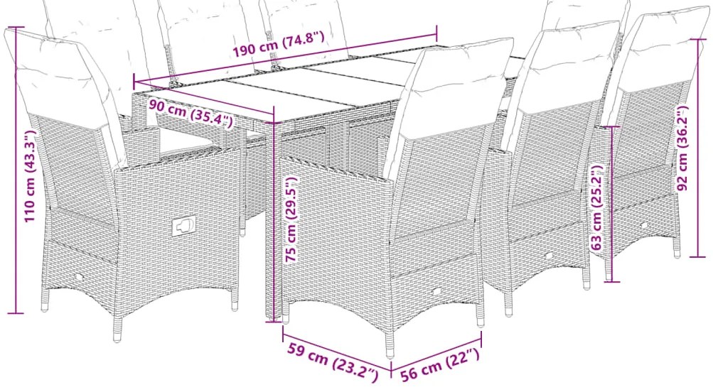 9 pcs conjunto de jantar p/ jardim c/ almofadões vime PE preto
