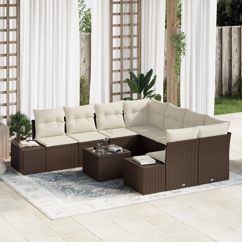 Conjunto de Sofás de Jardim de 9 Peças com Almofadas Castanho Rattan P