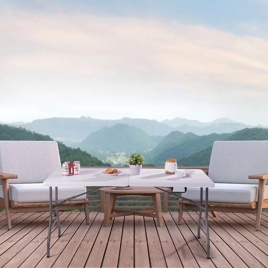 Mesa Dobrável de Plástico Moldado 153x74x74cm Mesa de Campismo Portátil Branca