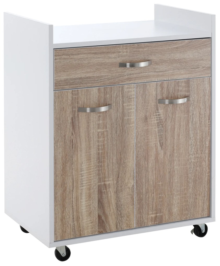 HOMCOM Móvel Auxiñiar de Cozinha com Rodas Gaveta 2 Portas Prateleira 60x40x77cm Branco Carvalho Claro | Aosom Portugal