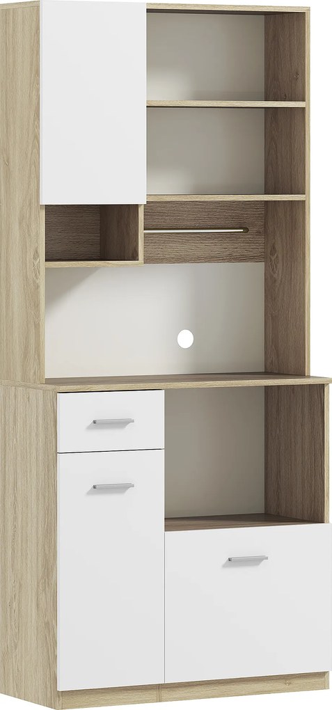 HOMCOM Armário de Cozinha Alto com 3 Portas, 9 Prateleiras, Gaveta e Prateleiras Ajustáveis, Estilo Moderno, 80x35x180 cm, Branco e Carvalho | Aosom Portugal
