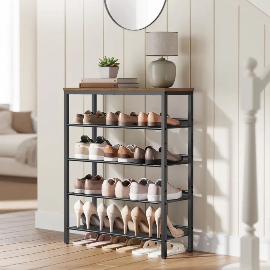 Sapateira com 5 níveis e prateleiras de grelha ajustáveis 30 x 75 x 93 cm Castanho + Preto