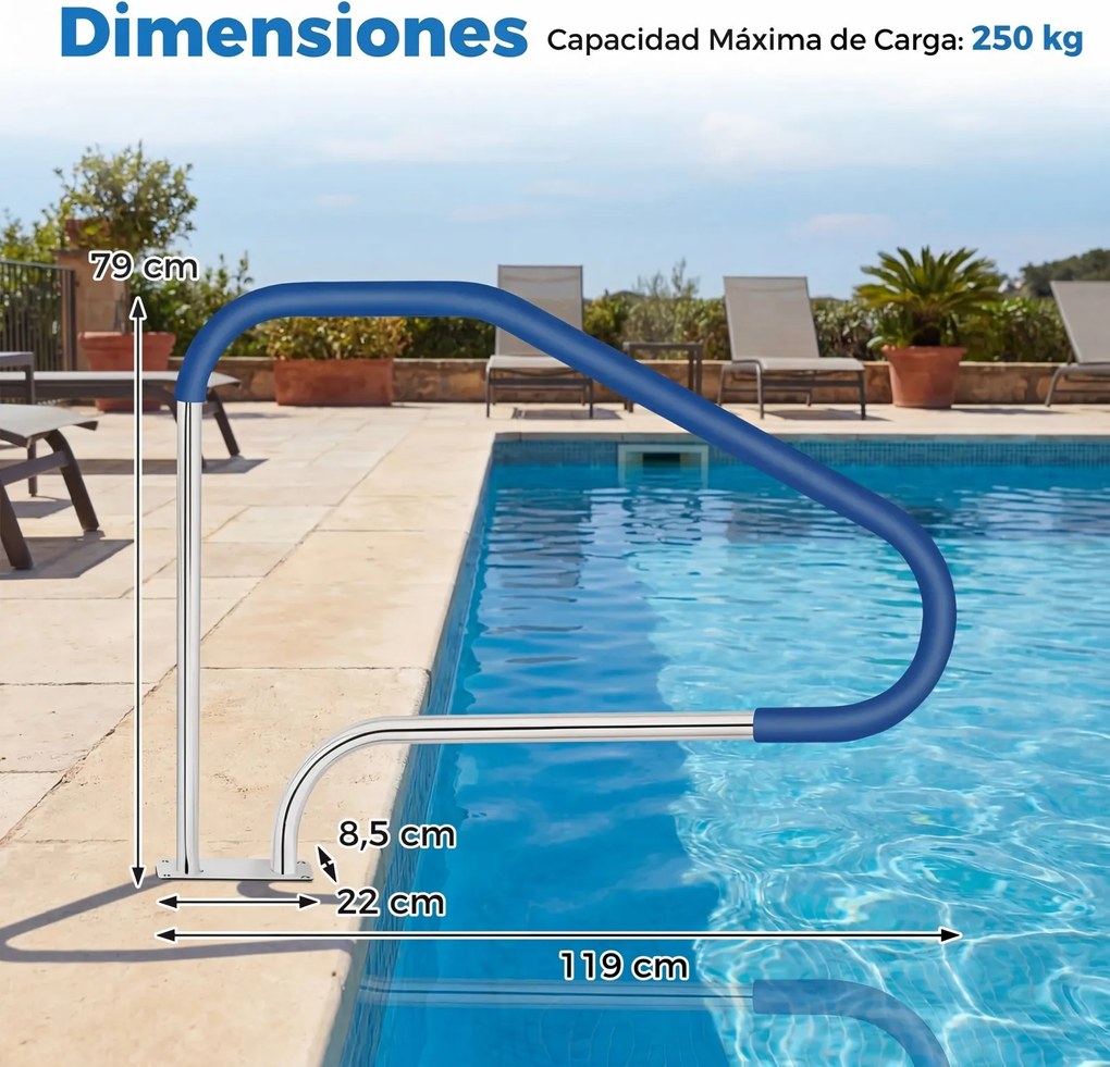 Corrimão de apoio para piscina em aço inoxidável, 119 x 79 cm, com capa antiderrapante e base de instalação rápida, para uso interior e exterior Prate