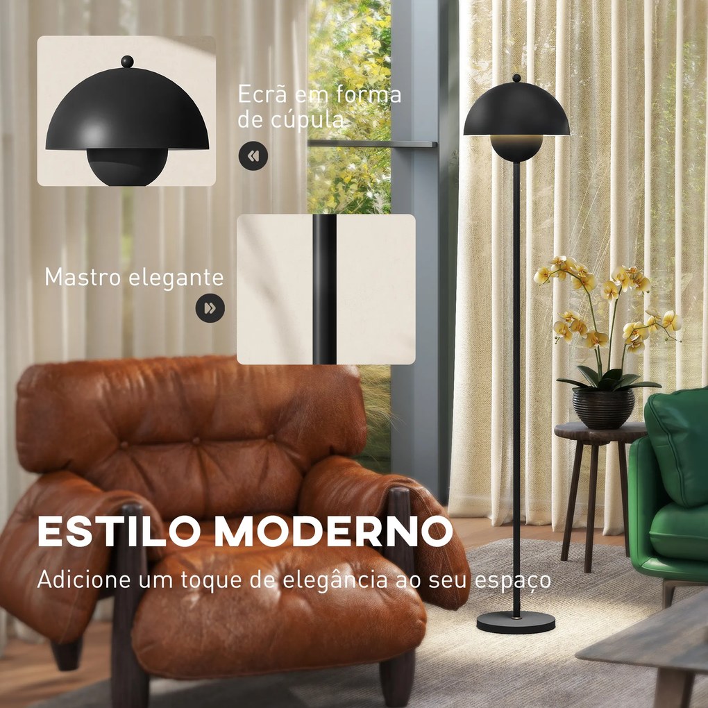 Candeeiro de Pé Moderno com Ecrã em Forma de Taça Refletora de Luz Interruptor de Pé Suporte E27 sem Lâmpada Ø35x155 cm Preto