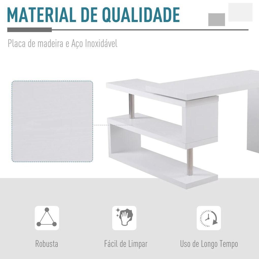 Secretária em forma de L com canto giratório de 360º e prateleiras para escritório 114x120x76,1 cm Branco