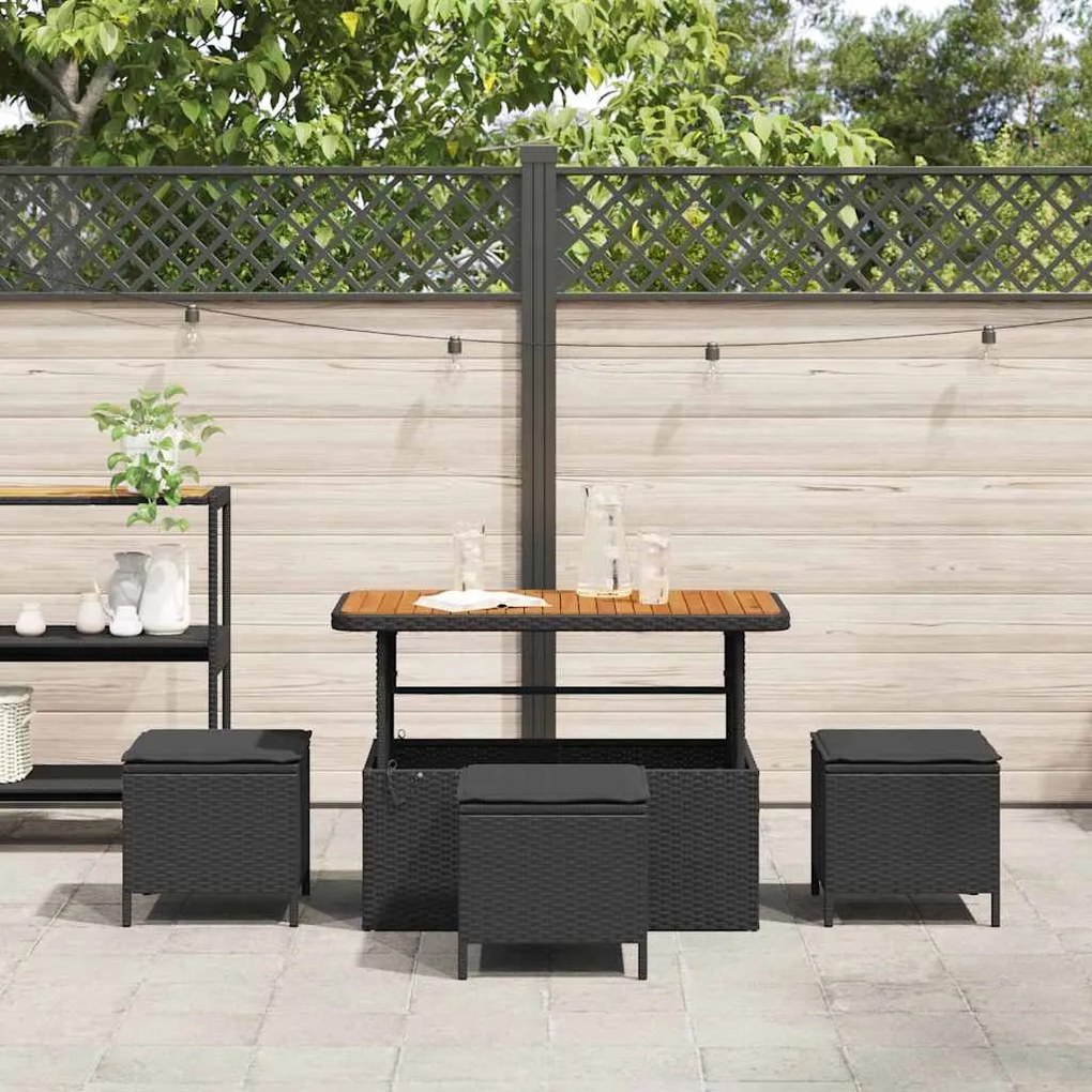 Conjunto de Jantar de 4 Peças com Almofadas Preto em Rattan de Polipro