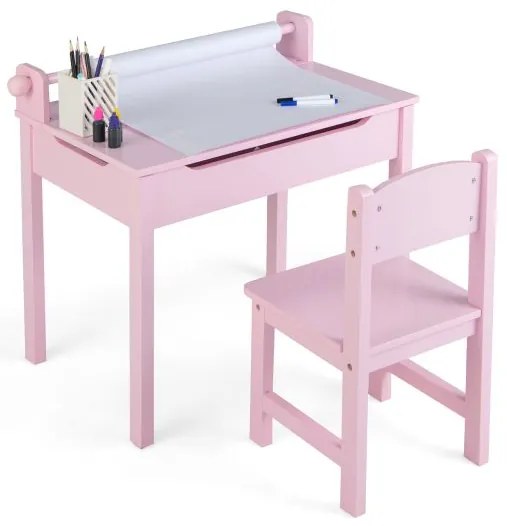 Conjunto de mesa e cadeira para atividades infantis com suporte para rolos de papel para desenhar e estudar