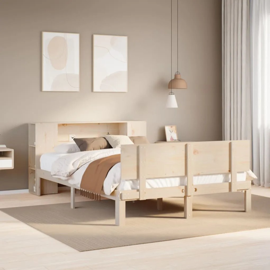 vidaXL Cama com estante sem colchão 140x190 cm pinho maciço