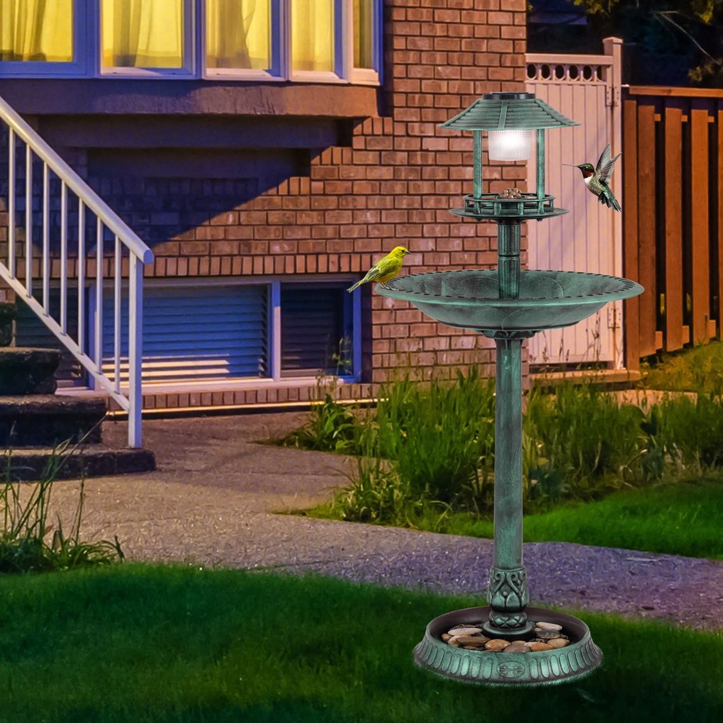 Bebedouro jardim para pássaros 51 x 51 x 107 cm com luz solar e vaso, estação de alimentação verde