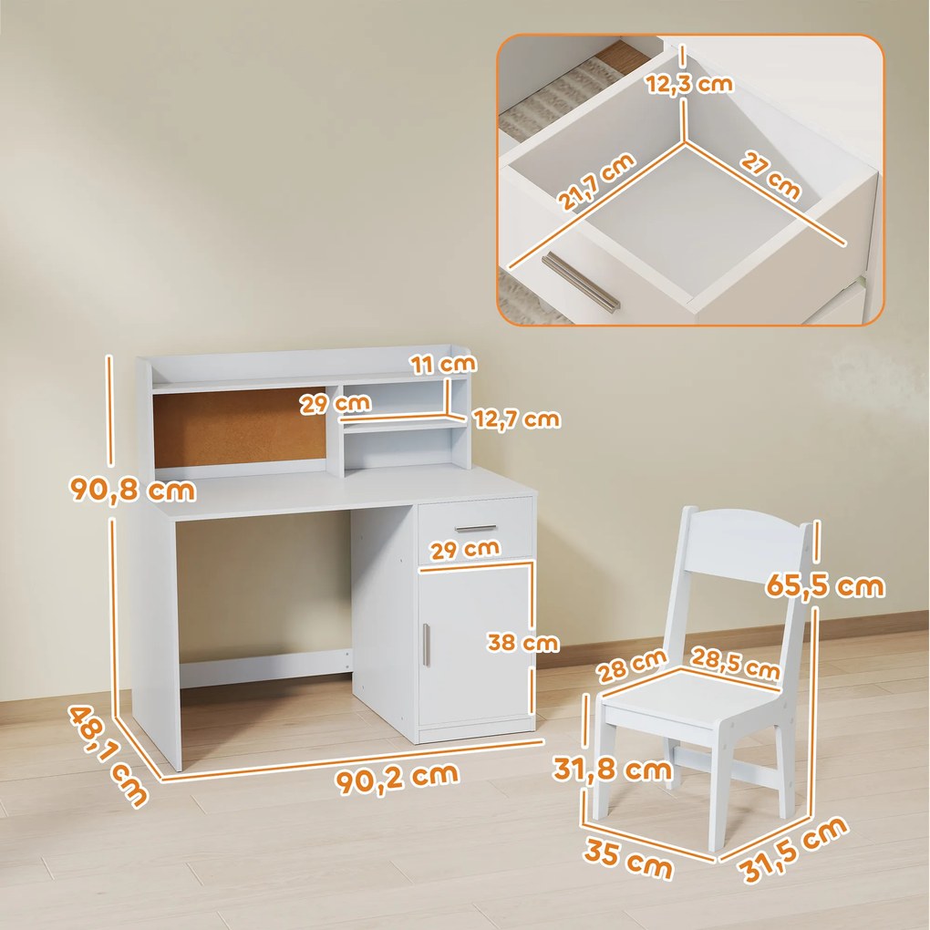 Secretária infantil com cadeira, mesa infantil com cadeira, gaveta, armário, compartimentos abertos, quadro de cortiça, branco