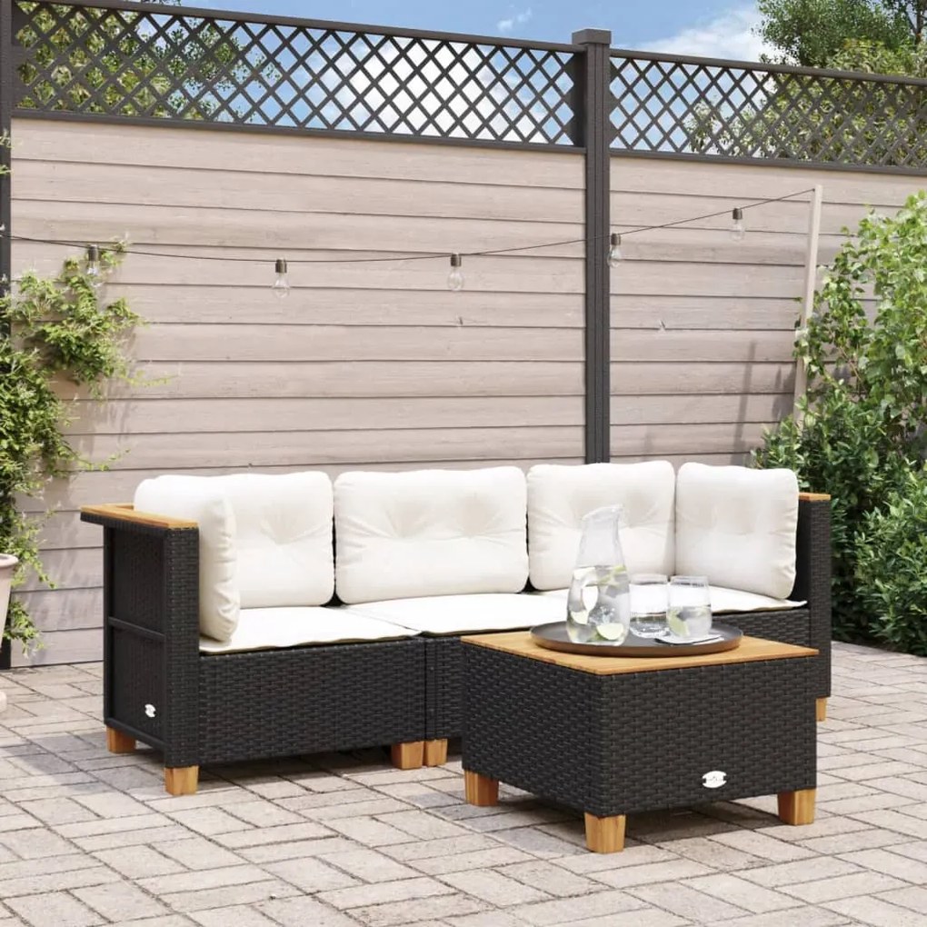 vidaXL Sofá de jardim 3 lugares com almofadões vime PE preto