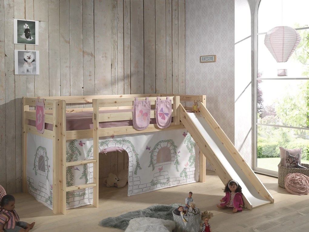 Conjunto Cama alta de Criança PINO 90 x 200 cm + estrado + escada + escorrega + cortina + bolsas de arrumação Pássaros Natural