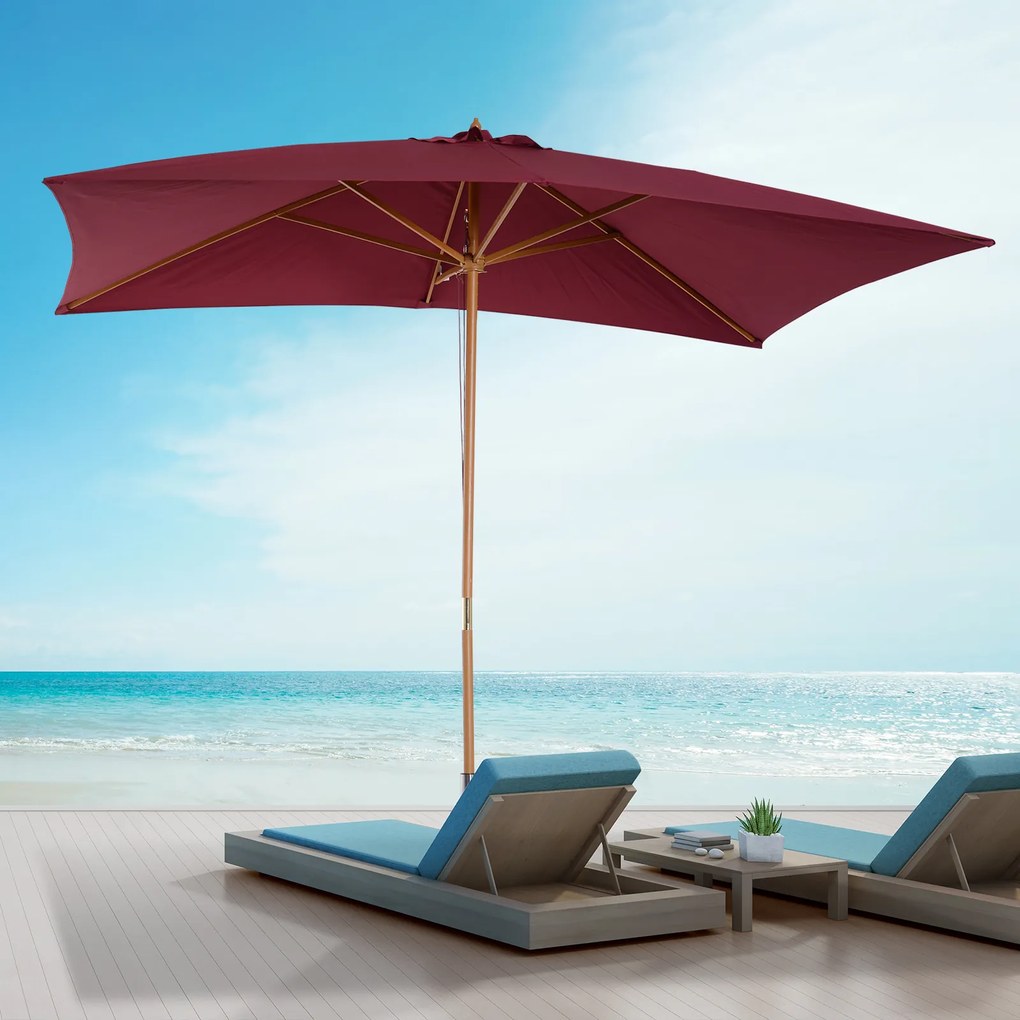 Outsunny Chapéu de Sol de Jardim com Sistema de Polia Teto Ventilado e Mastro de Madeira para Terraço Pátio Exterior 2,95x2x2,55m Vinho