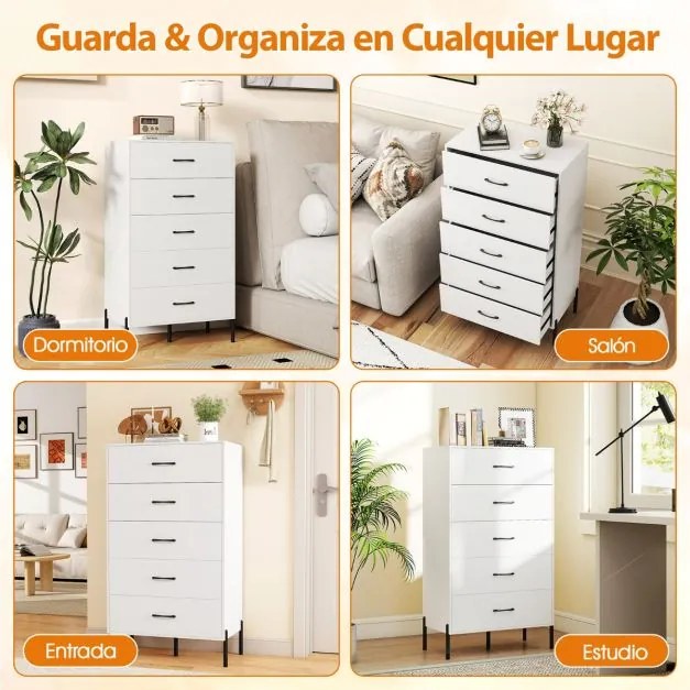 Comoda alta com 5 gavetas 71 x 40 x 125 cm, pés e puxadores de metal com gavetas Branco