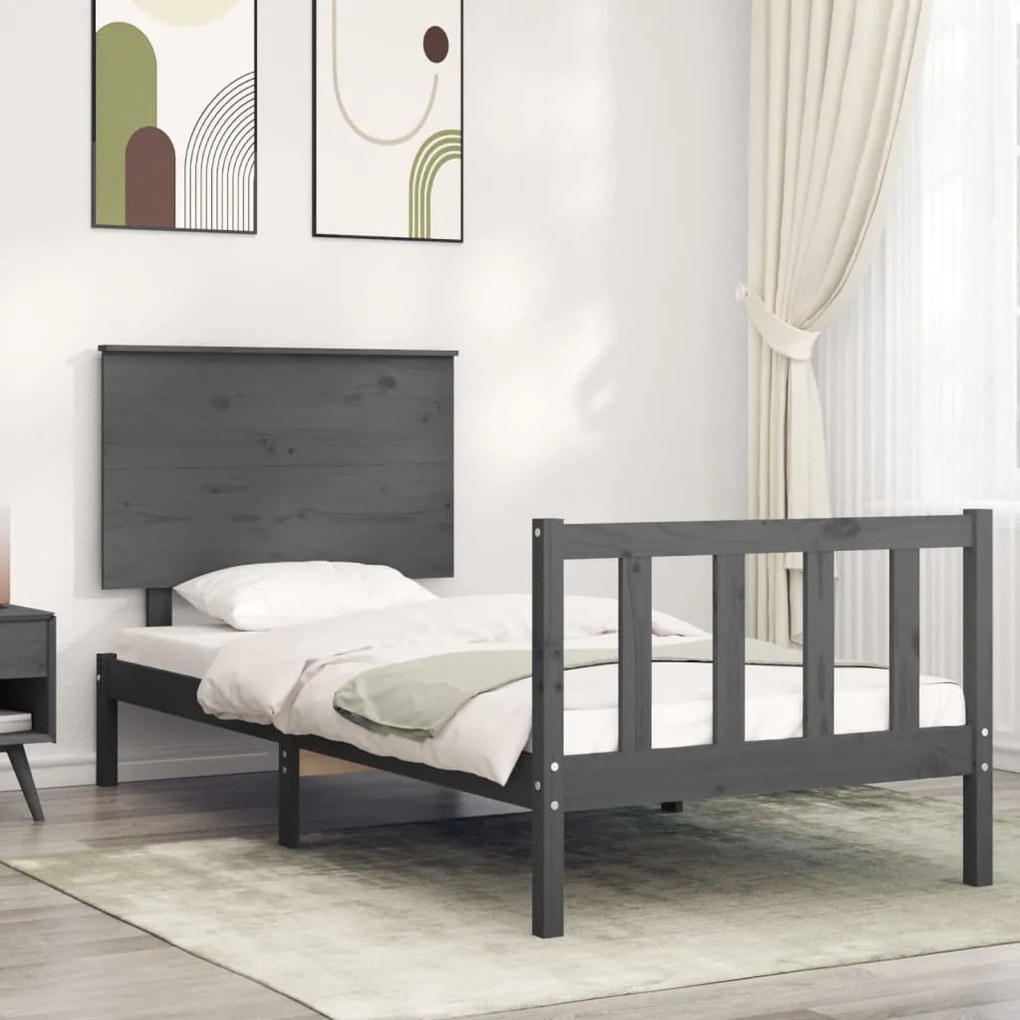 Estrutura cama de solteiro c/ cabeceira madeira maciça cinzento