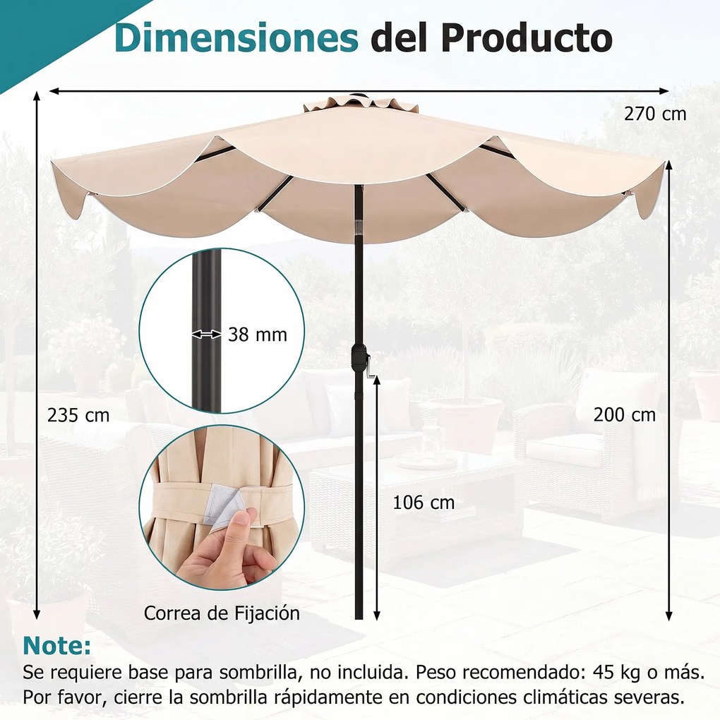Guarda-Sol de Jardim 270 cm (BASE NÃO INCLUIDA) , Inclinação Bidirecional de 30°, Bege