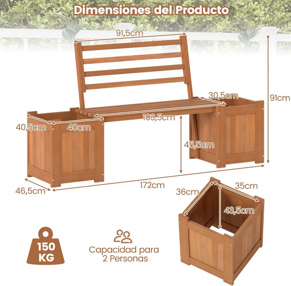 Banco jardim de madeira com floreira para exterior172 x 46,5 x 91 cm Assento com 2 vasos e encosto Base aberta Acabamento em óleo de teca Natural