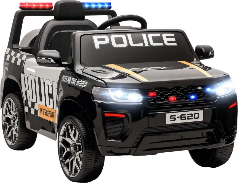 Carro Elétrico para Crianças de Polícia 12V com Motor Duplo Suspensão em 4 Rodas Sirene Faróis LED Porta USB Bluetooth e Música Preto