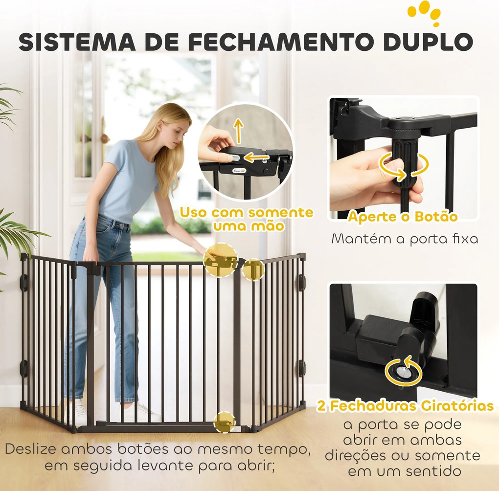 Barreira de Segurança para Cães Dobrável Barreira de Proteção para Lareira 202,5 cm com Porta para Escada Corredor Preto