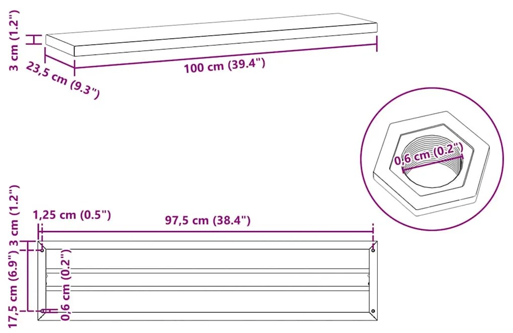 Prateleiras de parede 2pcs 100x23,5x3cm aço inoxidável prateado