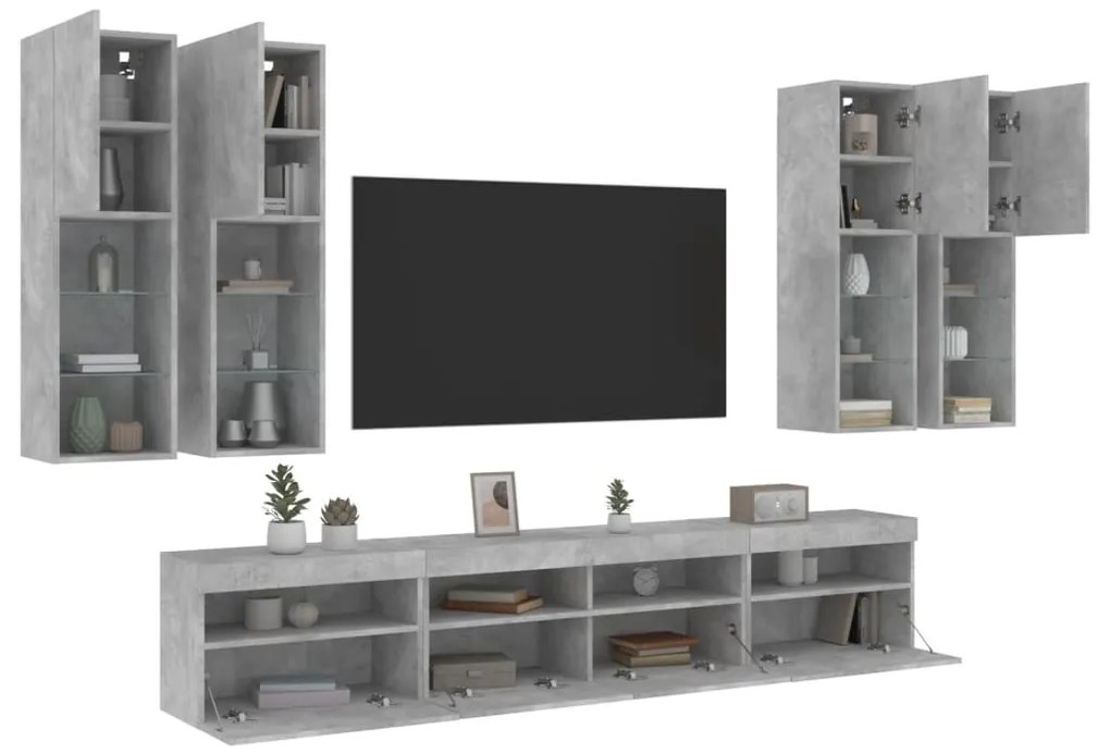 vidaXL 7 pcs conj. móveis de parede p/ TV luzes LED cinzento cimento