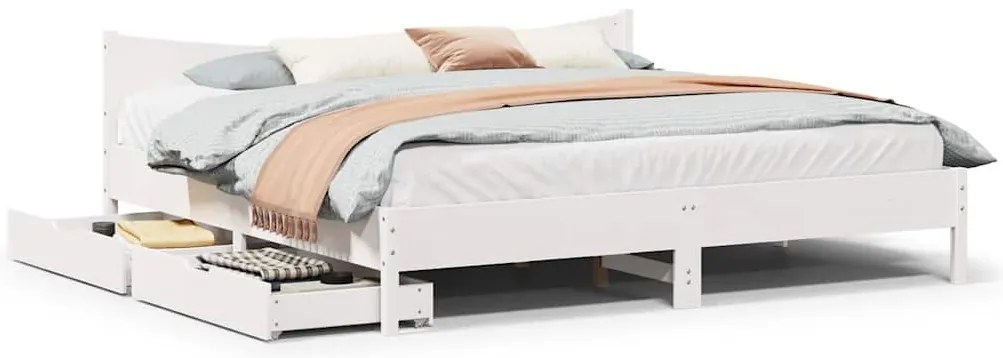 vidaXL Estrutura de cama c/ gavetas 200x200 cm pinho maciço branco