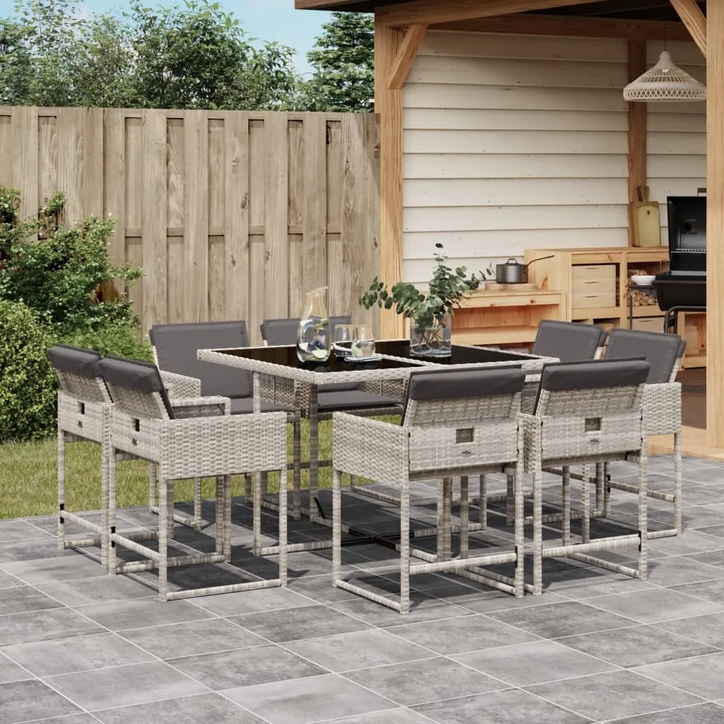 vidaXL 9 pcs conjunto de jantar p/ jardim c/ almofadões cinzento claro