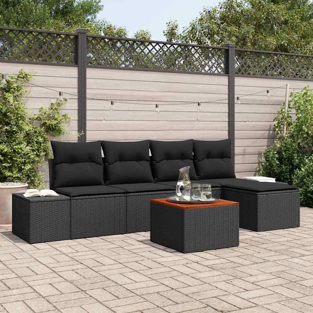 vidaXL Conjunto de Sofá de Jardim 6 pcs Preto Ratan, Madeira
