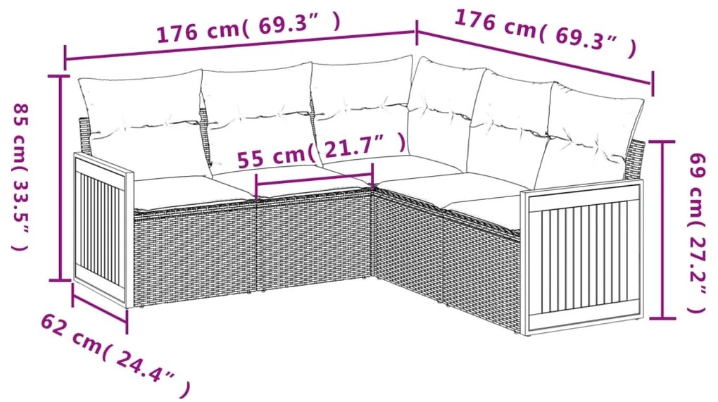 5 pcs conjunto sofás de jardim com almofadões vime PE preto