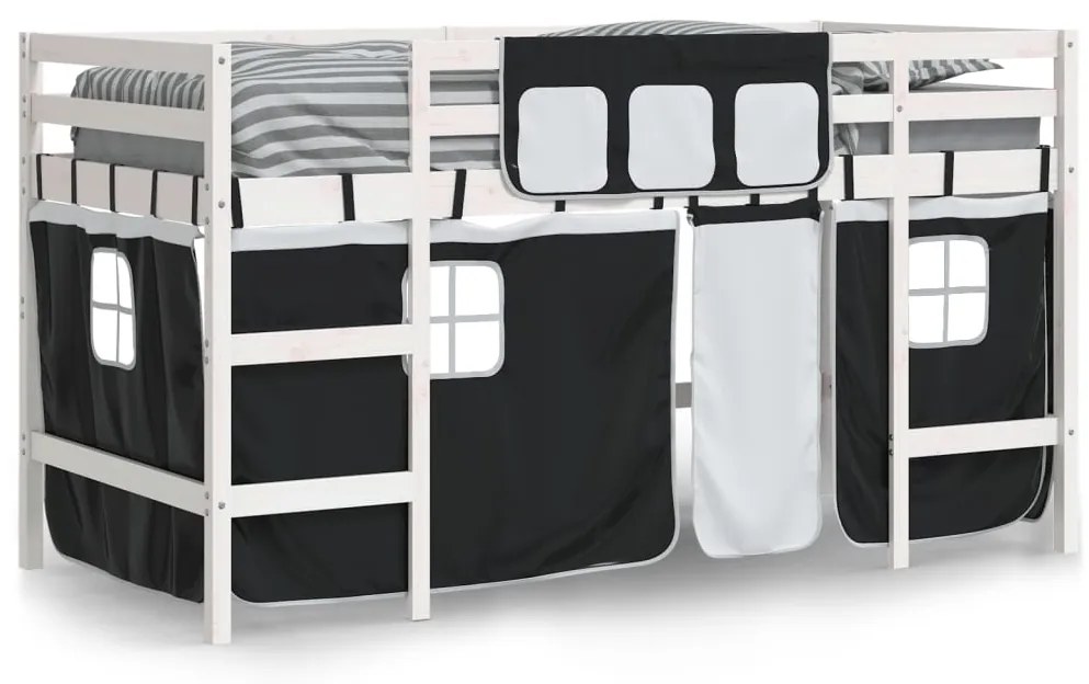 Cama alta criança c/ cortina 90x190cm pinho maciço branco/preto